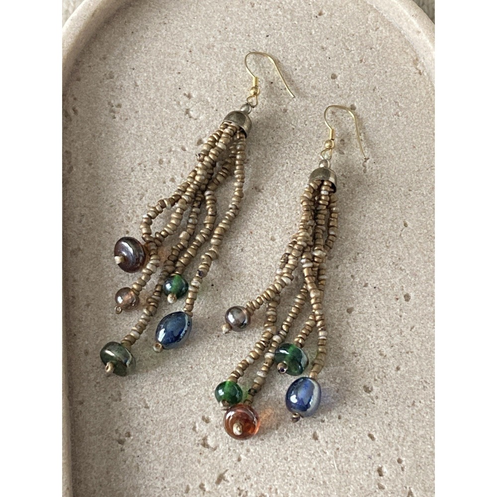Beaded Chandelier Earrings Gold Tone Multicolor Artsy Bead Dangle Tasseled